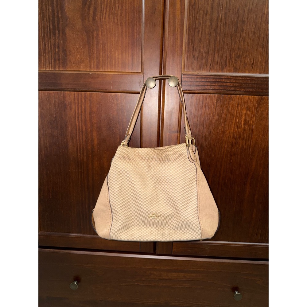 Coach Tan/Beige Woven Pebbled Leather Hobo Shoulder Handbag Gold Hardware fair